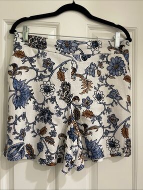 Women’s Floral Linen-Blend Shorts in Cream and Blue Size M